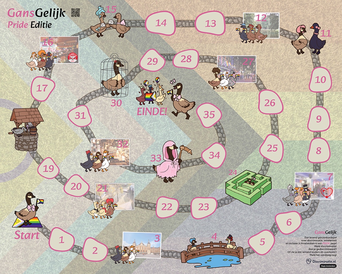 The Gansgelijk Pride edition board with 36 squares and goose illustrations.