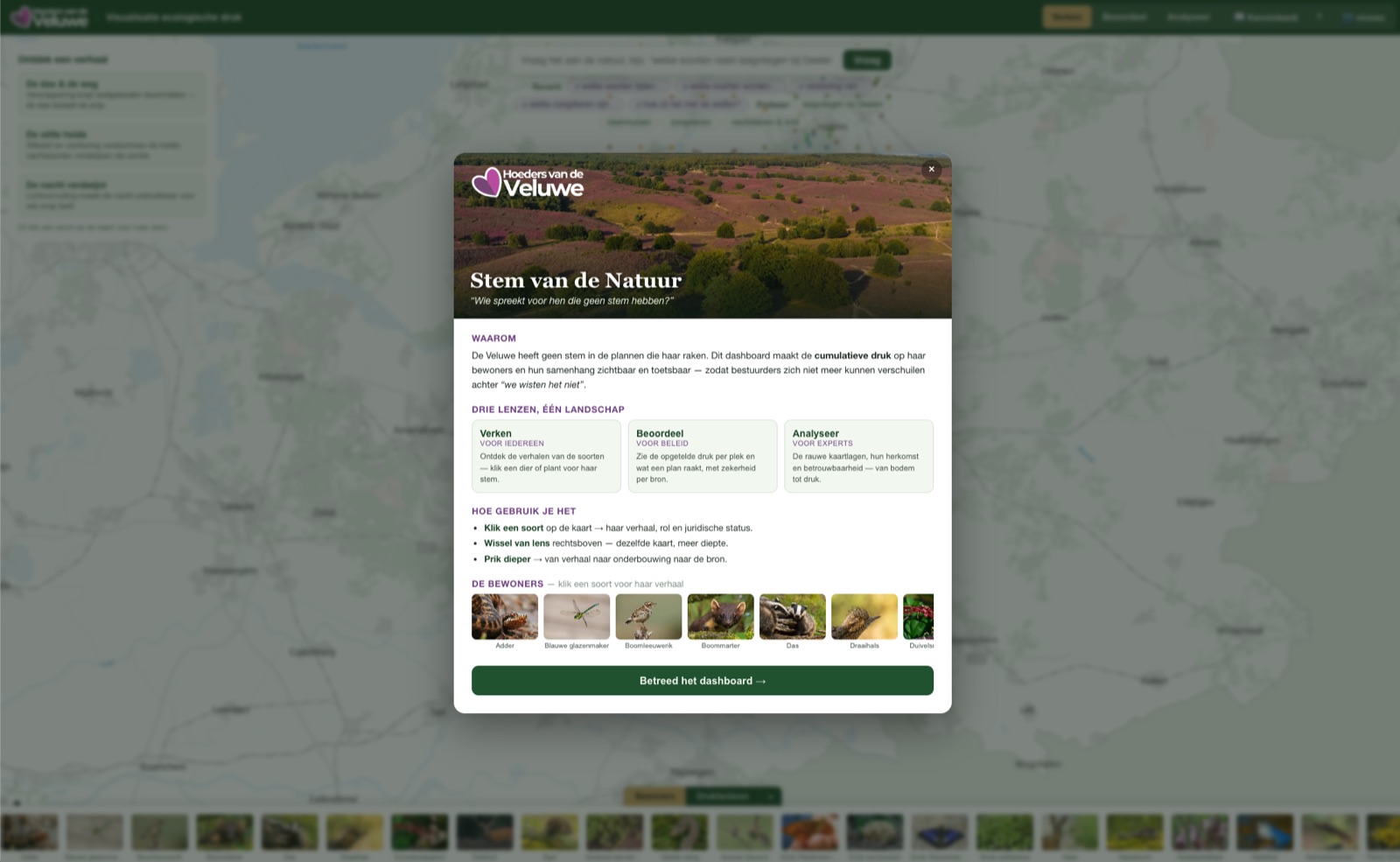 De startpagina van het dashboard: ‘Stem van de Natuur — wie spreekt voor hen die geen stem hebben?’, met drie lenzen op het landschap en de bewoners van de Veluwe.